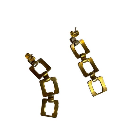 Goldtone Post Pierced Earrings Square Links 2 Inch Drop Dangle - Picture 6 of 6